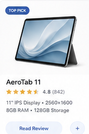 AeroTab 11 product card with top pick badge, rating, specs, and read review button